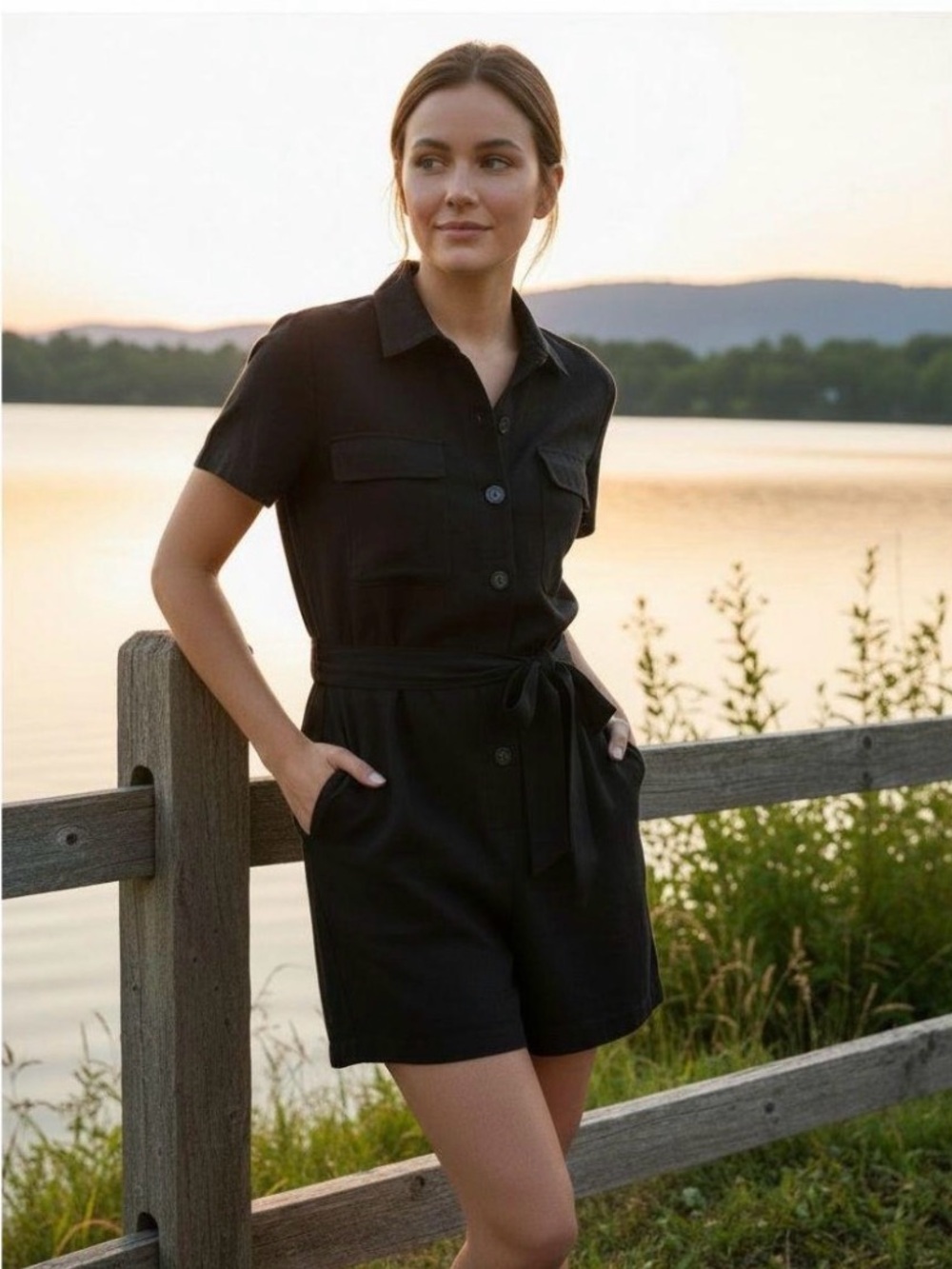 Matty M Black Short-Sleeve Button Romper with Waist Tie